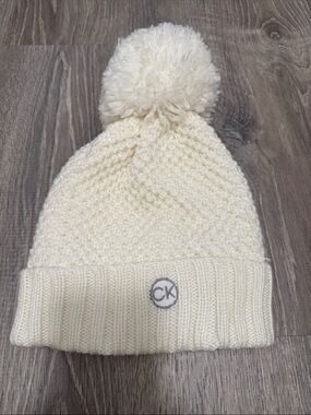 Calvin Klein Cream Knit Pom Beanie with CK Patch